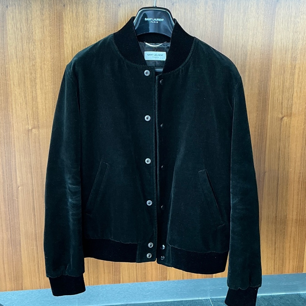 Saint Laurent Emerald Green Velvet Varsity Bomber Jacket